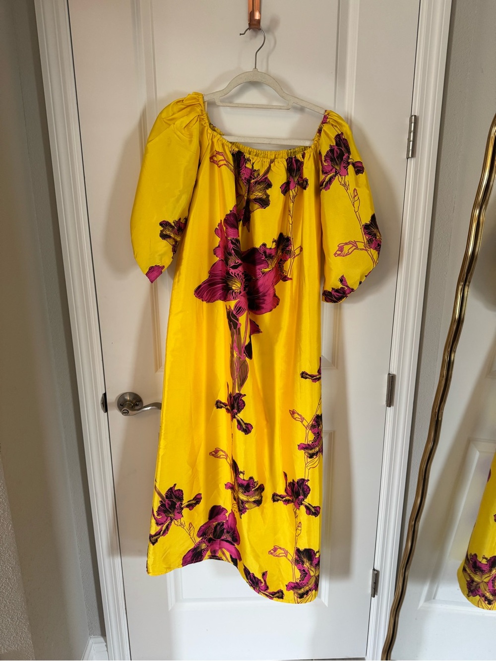 Anthropologie Atsu Yellow Floral orchid Off-Shoulder Midi Dress